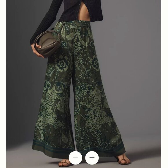 Farm Rio Anthropologie Satin Printed Green Wide Leg Pants size XS - Picture 1 of 7